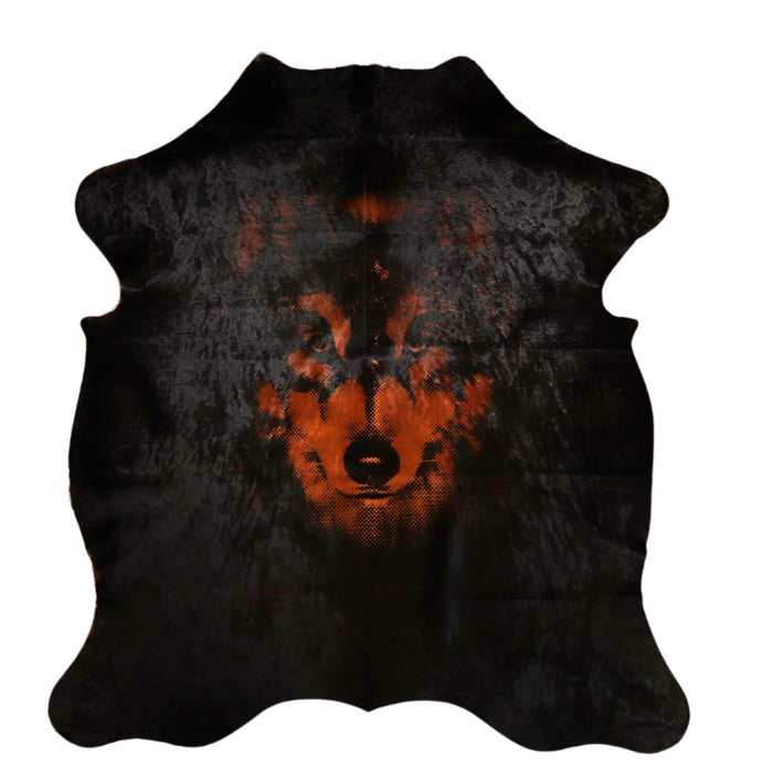 Wolf Design On Genuine Black Cowhide Rug (L 7'3" x W 5'9")