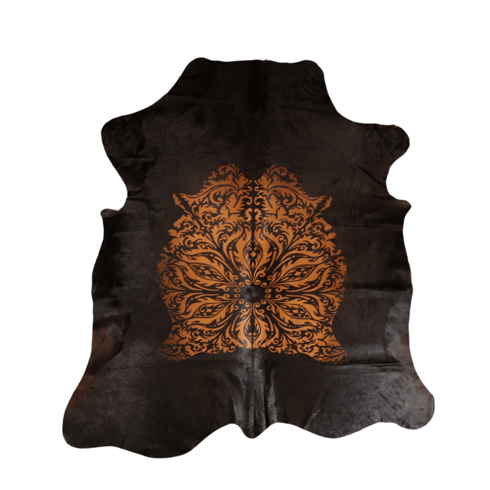 Mandala Design On Genuine Black Cowhide Rug L 6'9" x W 5'8")