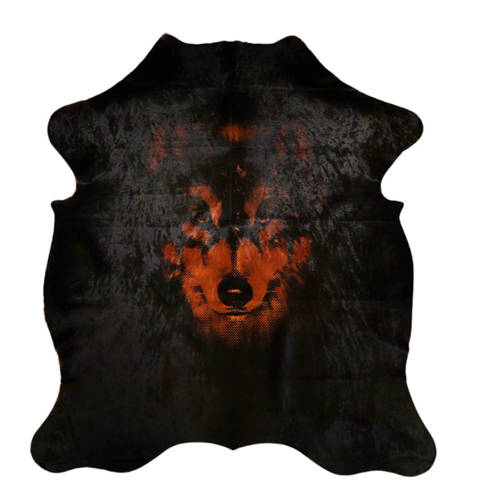 Wolf Design On Genuine Black Cowhide Rug (L: 7'3" x W: 5'9")