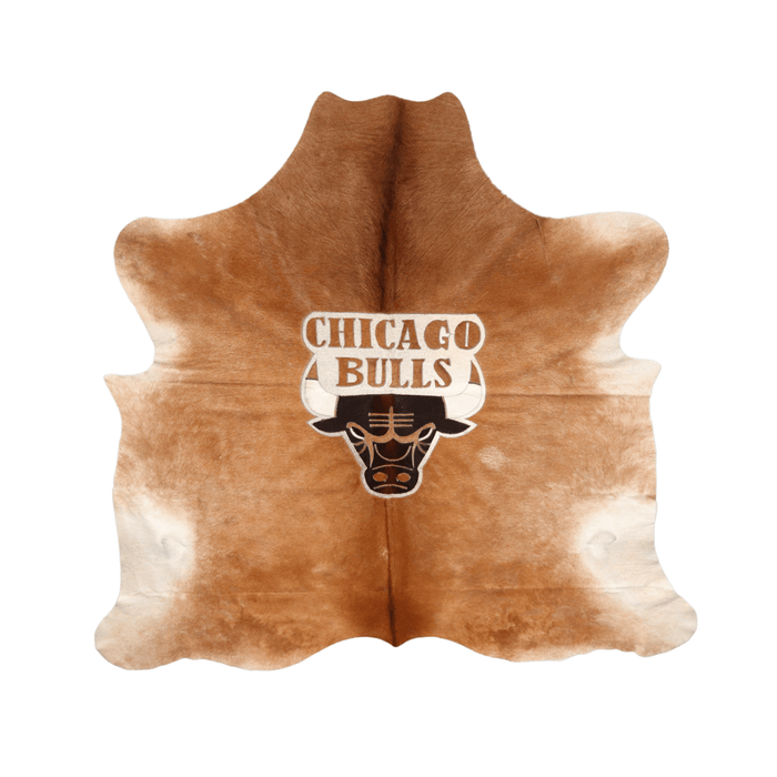Chicago Bulls Logo On Genuine Light Brown Cowhide Rug (L: 7'2" ft x W: 7'2")