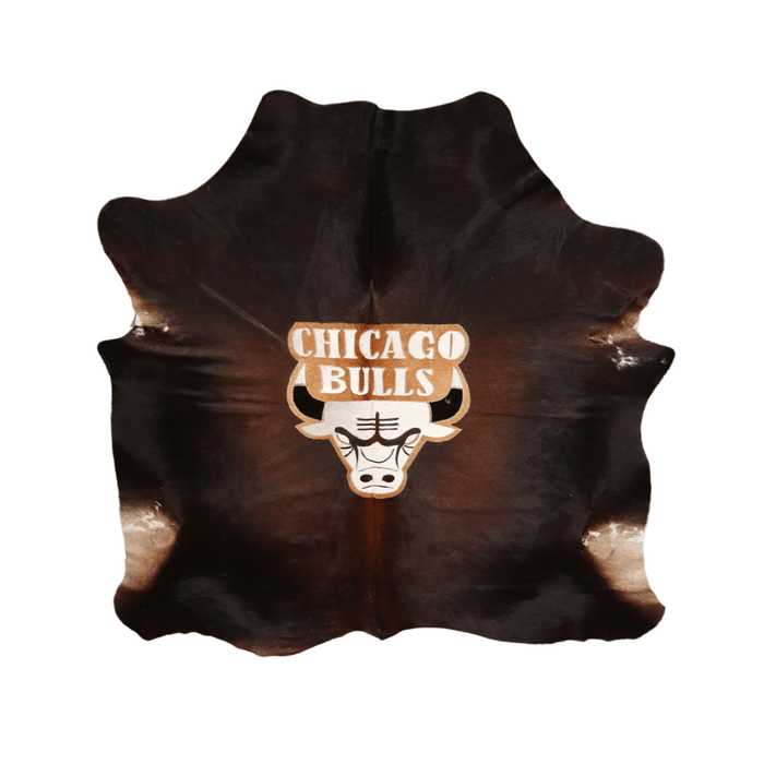 Chicago Bulls Logo On Genuine Brown Cowhide Rug (L: 7'1" ft x W: 7')