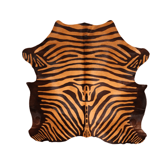 Exotic Zebra Print On Genuine Caramel Cowhide Rug (L: 6'8" x W: 6'2")