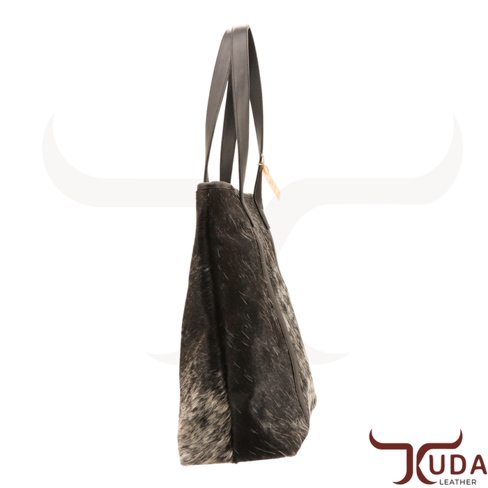 THE JULES – High-quality smooth Black leather shoulder bag with Black & White Speckled Genuine Cowhide and smooth Black leather straps
