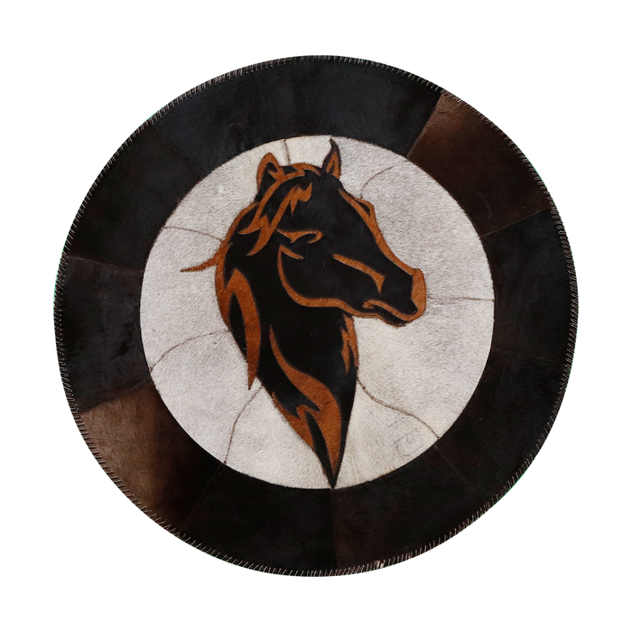 Round Genuine Cowhide Rug with a Horse