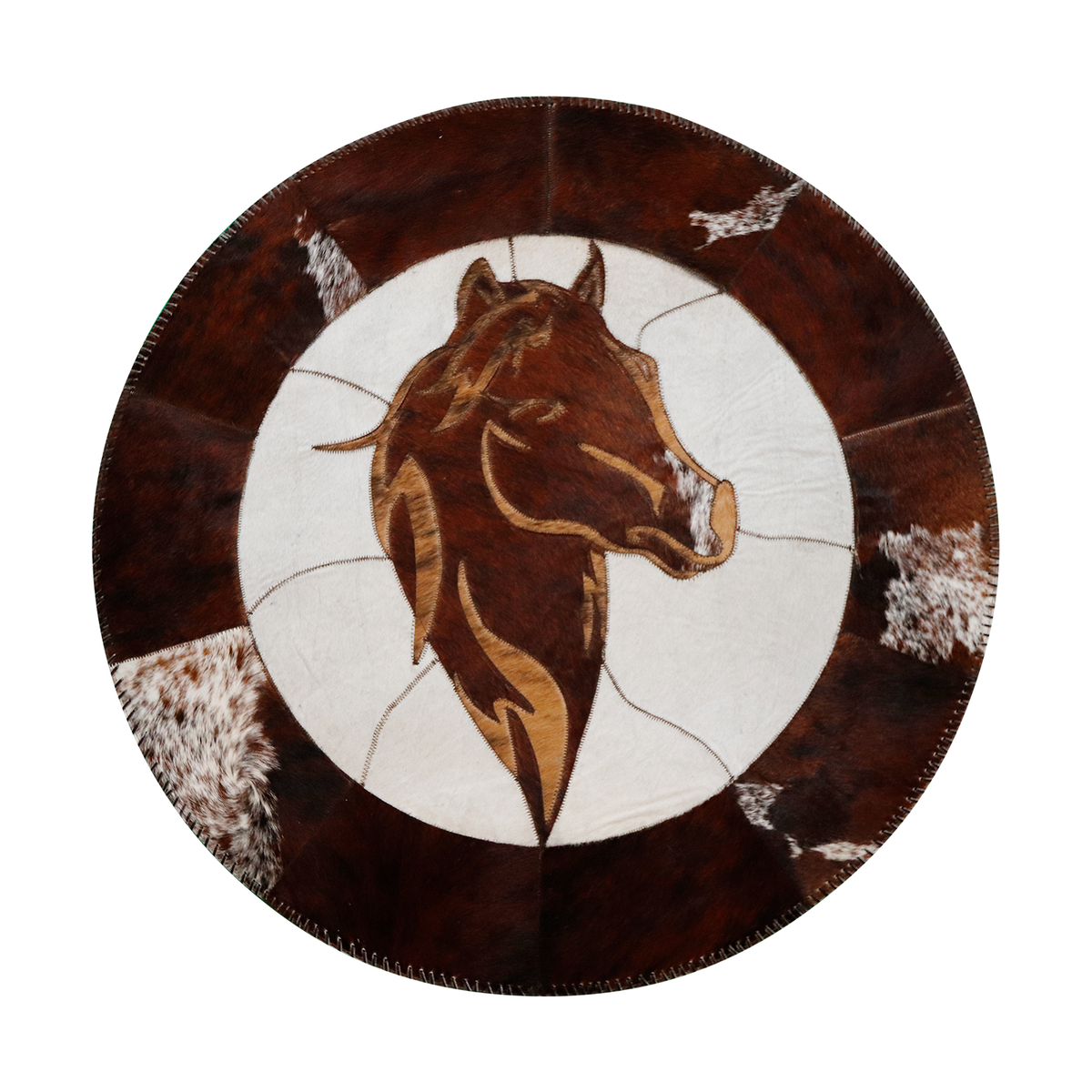Round Cowhide Rug with a Horse Patchwork Rugs Cowhide Decor